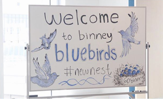 Whiteboard with handwritten welcome message and bird drawings